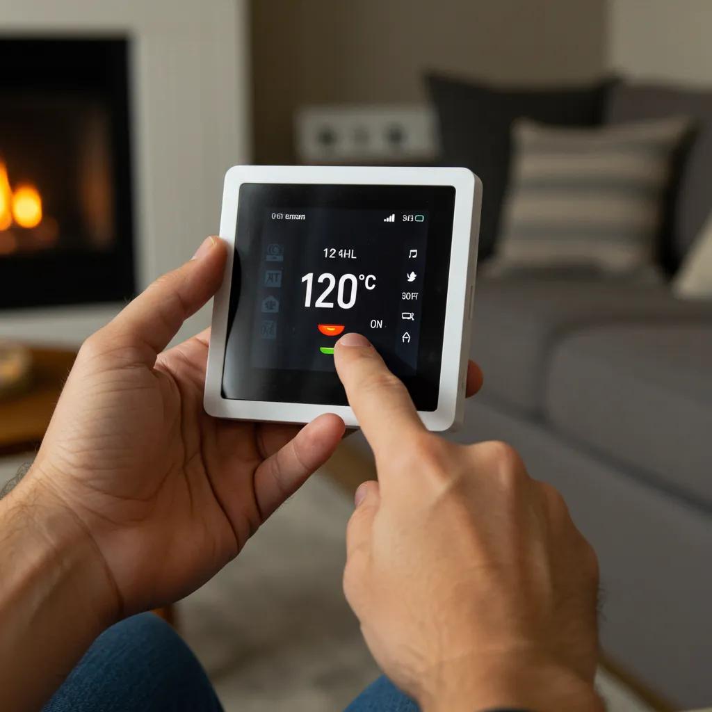 Homeowner programming a smart thermostat, emphasizing DIY troubleshooting and energy management
