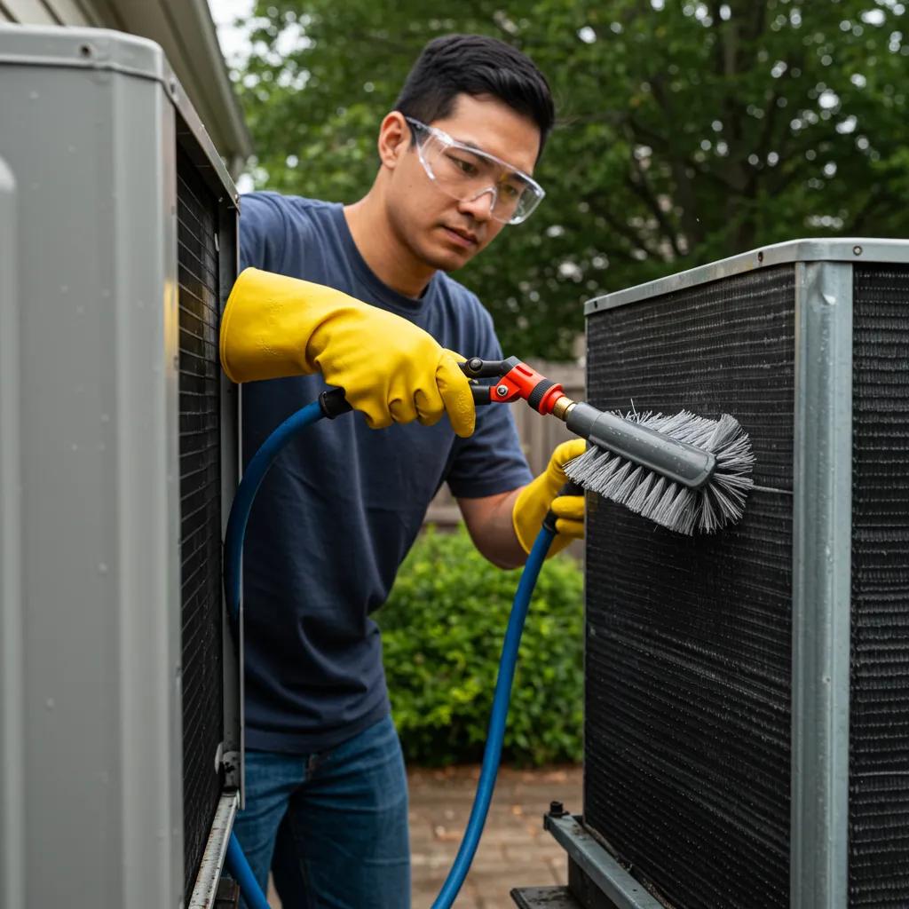 Person cleaning outdoor AC coils with protective gear, highlighting maintenance tools and techniques