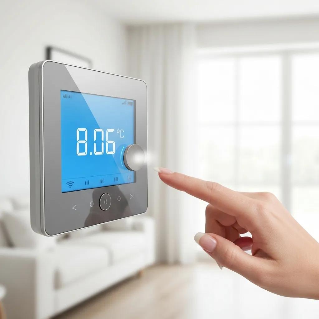 Close-up of a modern thermostat being adjusted — controlling your furnace