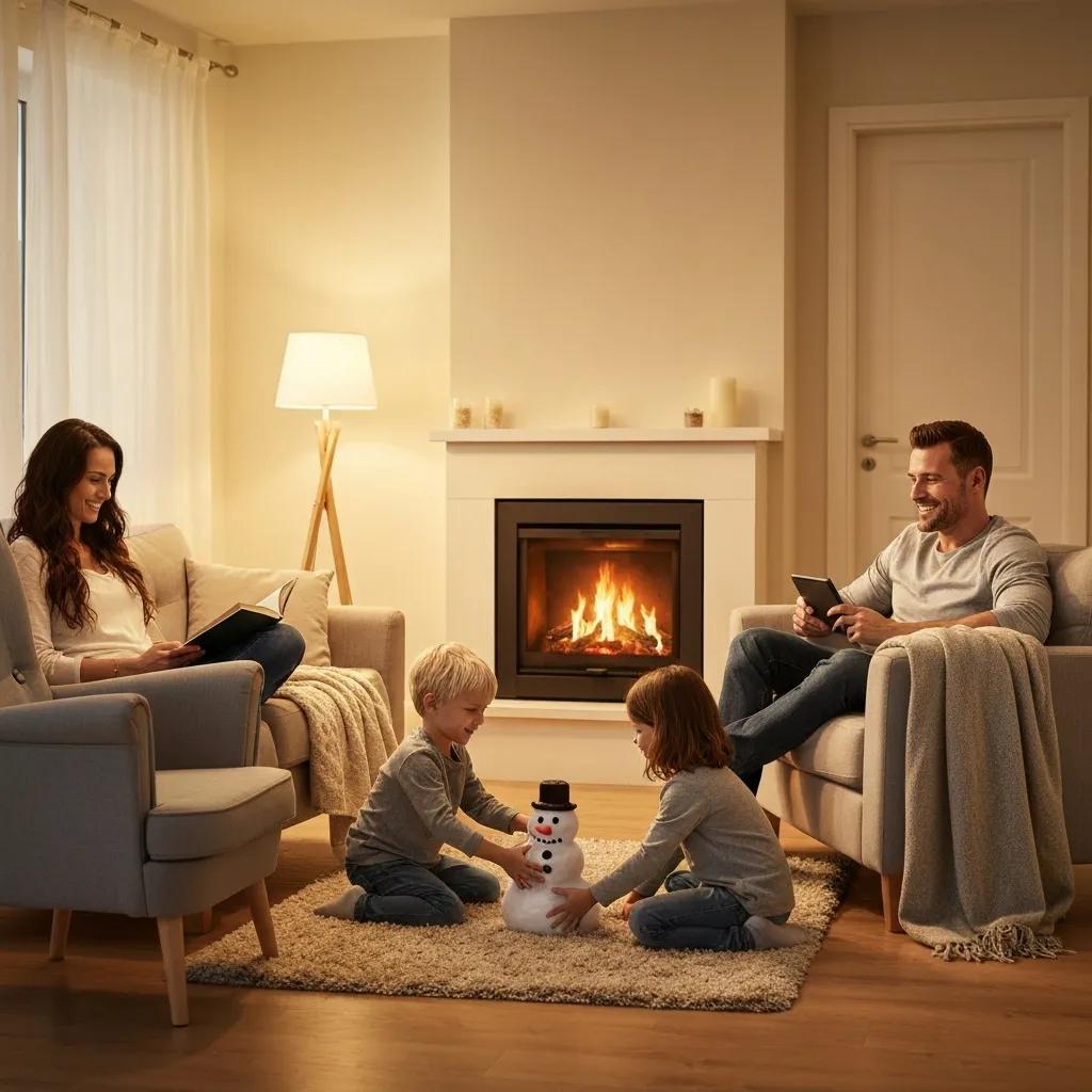 Cozy living room with a family enjoying warmth from a furnace, highlighting home comfort and safety