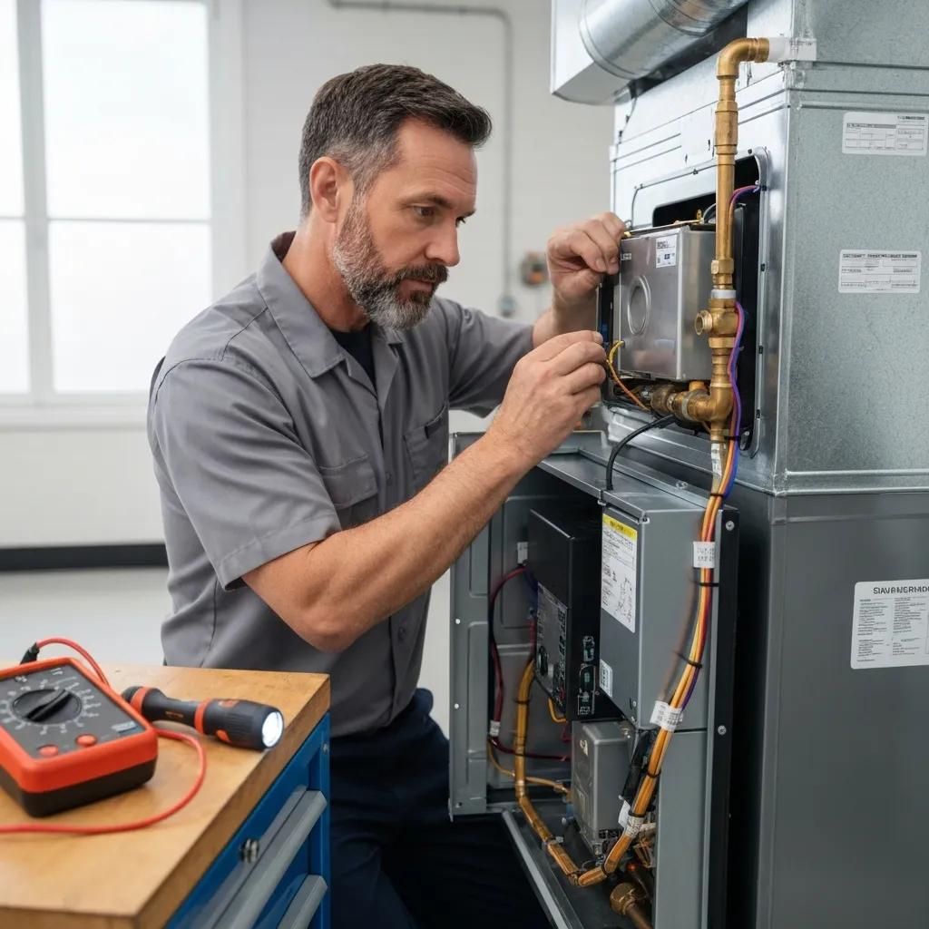 HVAC technician performing furnace maintenance — regular upkeep for reliable heating