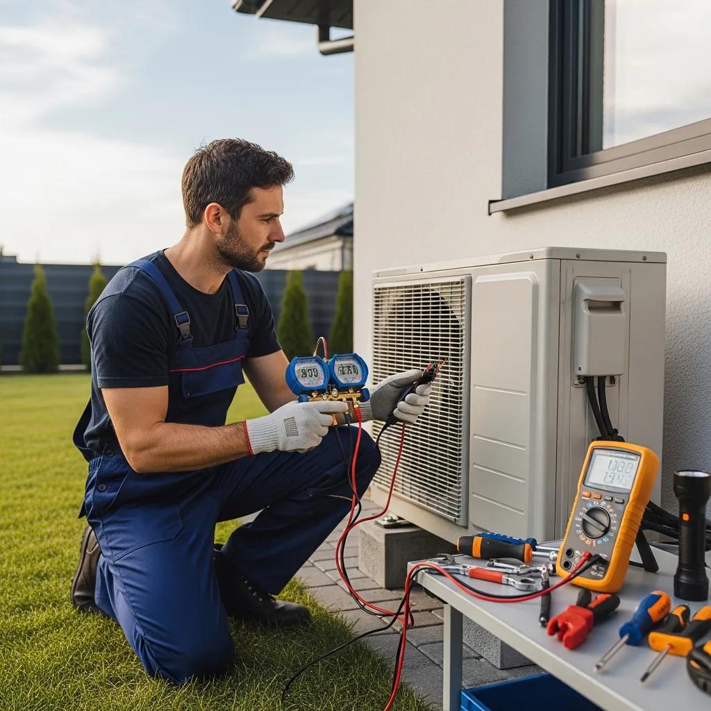 Heat Pump Repair, Installation & Maintenance Services 2 Technician diagnosing a heat pump unit with gauges and tools, illustrating professional service and common repair issues in Houston.