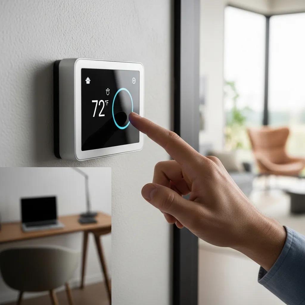 Common Thermostat Problems and How to Fix Them 3 Close-up of a hand adjusting a smart thermostat displaying 72°F in a modern home setting, emphasizing energy efficiency and comfort.