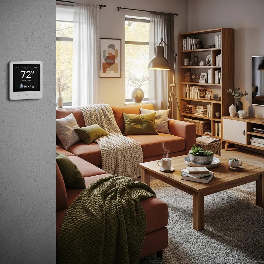 Modern thermostat in a cozy living room highlighting HVAC comfort