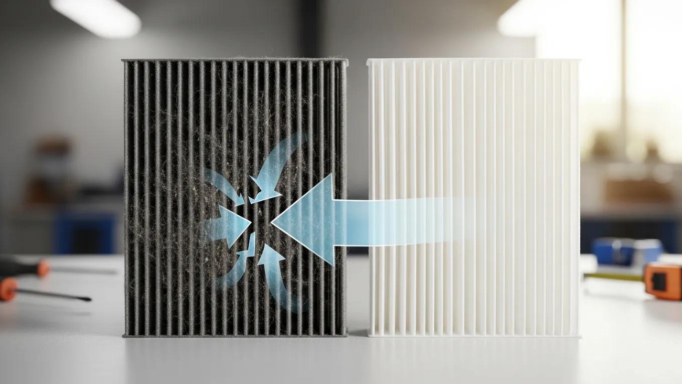 Why is My AC Not Cooling? Troubleshooting & Solutions 2 Comparison of a clogged air filter and a clean air filter in an indoor setting