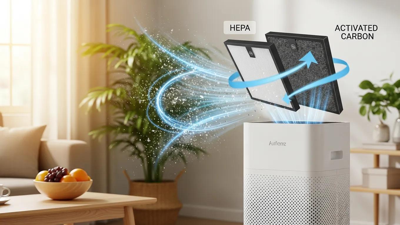 Improve Indoor Air Quality: Air Purifiers or HVAC Filters? 3 Air purifier in action showcasing HEPA and activated carbon technology enhancing indoor air quality