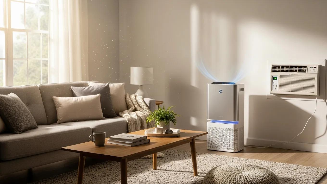 Stylish air purifier and HVAC vent in a cozy home interior emphasizing indoor air quality