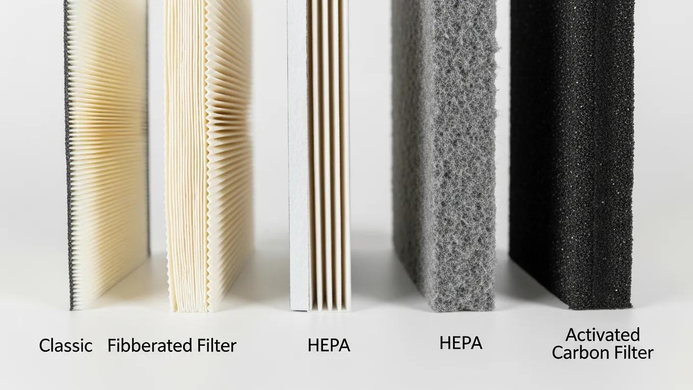 Improve Indoor Air Quality: Air Purifiers or HVAC Filters? 2 Various HVAC filters including fiberglass, pleated, HEPA, and activated carbon types emphasizing allergen removal