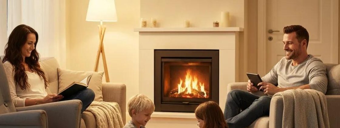 Cozy living room with a family enjoying warmth from a furnace, highlighting home comfort and safety